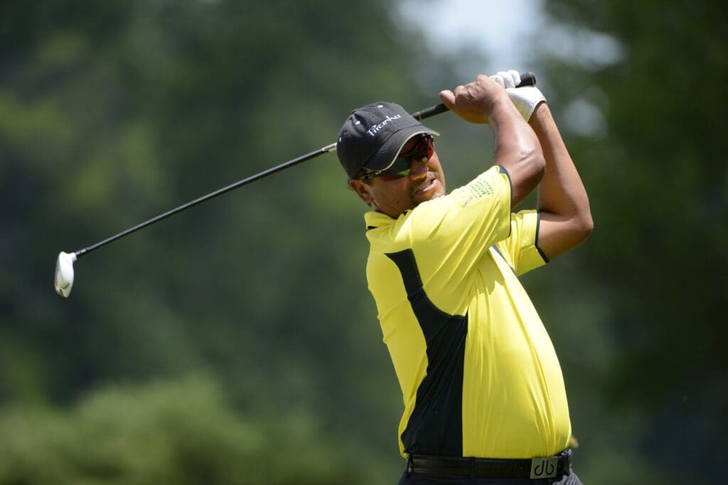 June 12, 2013; Ardmore, PA, USA; Michael Campbell tees off on the 2nd hold during the practice round of the 113th U.S. Open golf tournament at Merion Golf Club