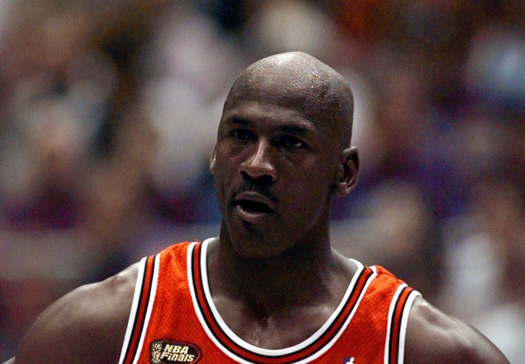 June 5, 1998; Salt Lake City, UT, USA; Chicago Bulls guard Michael Jordan in game two of the 1998 NBA Finals against the Utah Jazz at the Delta Center.