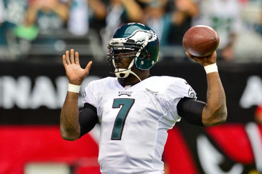 Sept. 23, 2012; Glendale, AZ, USA; Philadelphia Eagles quarterback Michael Vick (7) warms up prior to the game against the Arizona Cardinals at University of Phoenix Stadium.