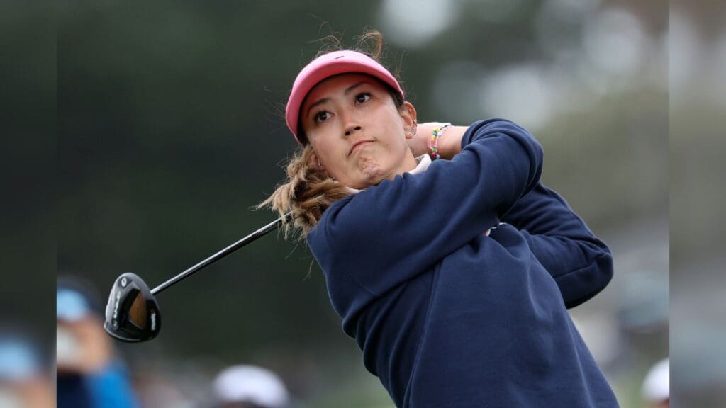Jul 7, 2023; Pebble Beach, California, USA; Michelle Wie West tees off on the tenth hole during the second round of the U.S. Women's Open golf tournament at Pebble Beach Golf Link.