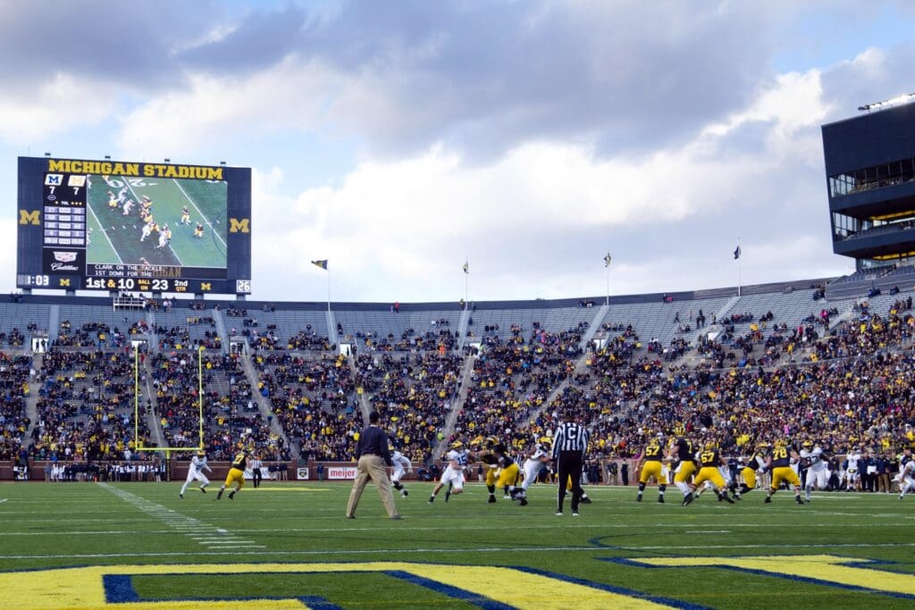Apr 1, 2016; Ann Arbor, MI, USA; General view as Michigan Wolverines head coach Jim Harbaugh looks on during the Spring Game at Michigan Stadium