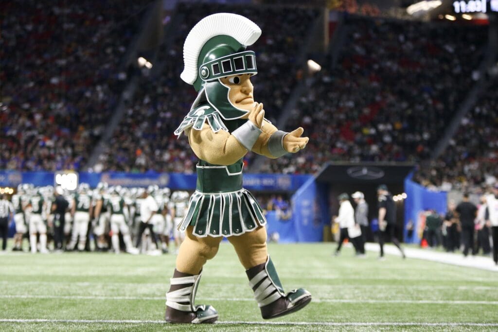 Michigan State Spartans mascot Sparty on the field against the Pittsburgh Panthers in the second half during the 2021 Peach Bowl at Mercedes-Benz Stadium