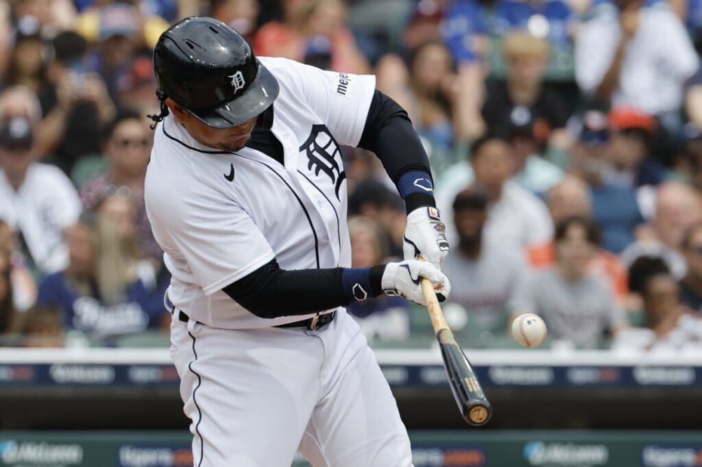 Jul 9, 2023; Detroit, Michigan, USA; Detroit Tigers designated hitter Miguel Cabrera (24) hits an RBI single in the second inning against the Toronto Blue Jays at Comerica Park.