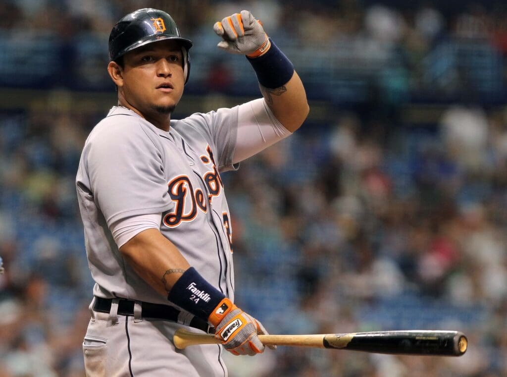 July 1, 2012; St. Petersburg, FL, USA; Detroit Tigers third baseman Miguel Cabrera (24) at bat against the Tampa Bay Rays at Tropicana Field. Detroit Tigers defeated the Tampa Bay Rays 5-3.