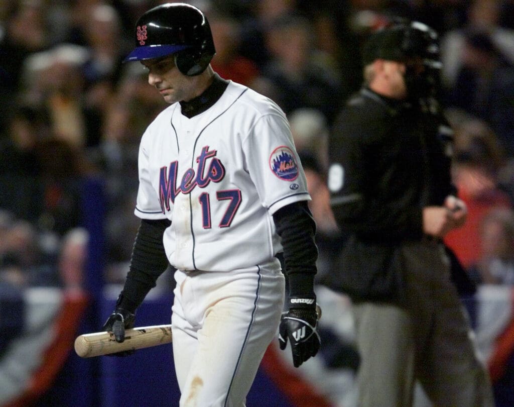 Oct 24, 2000; New York, NY, USA; Mike Bordick reacts to being struck out by El Duque in the sixth inning of the third game of the World Series at Shea Stadium in New York. The bases were loaded at his at bat.