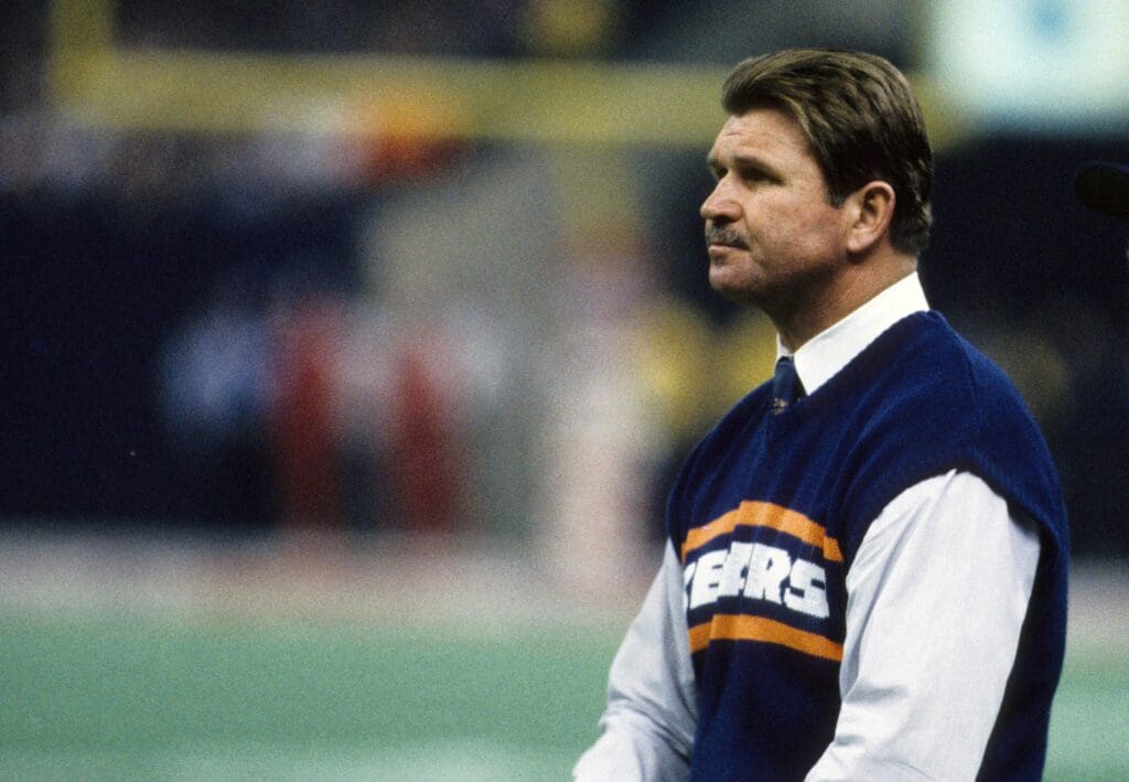 Jan 26, 1986; New Orleans, LA, USA; FILE PHOTO; Chicago Bears head coach Mike Ditka on the sideline against the New England Patriots during Super Bowl XX at the Louisiana Superdome. The Bears defeated the Patriots 46-10.