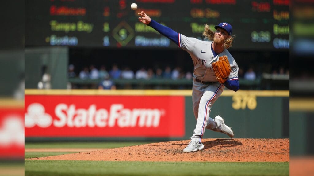 Aug 12, 2021; Seattle, Washington, USA; Texas Rangers starting pitcher Mike Foltynewicz (20) throws a pitch against the Seattle Mariners during the fifth inning at T-Mobile Park.