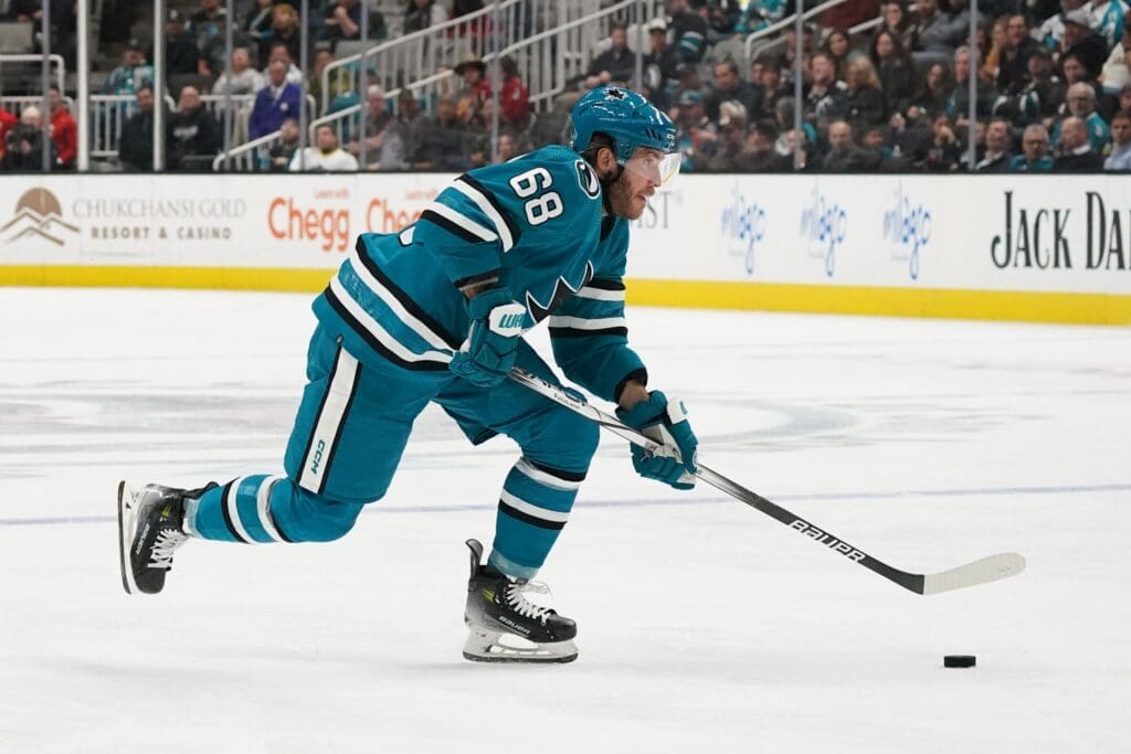 Apr 9, 2024; San Jose, California, USA; San Jose Sharks center Mike Hoffman (68) skates against the Calgary Flames during the second period at SAP Center at San Jose.
