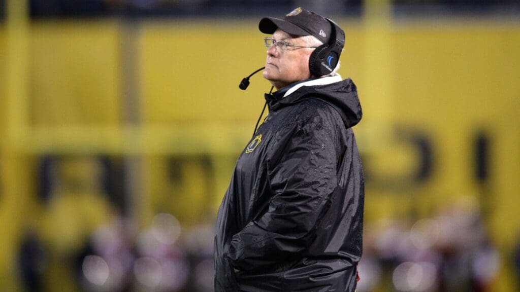 Feb 17, 2019; San Diego, CA, USA; San Diego Fleet head coach Mike Martz looks on during the first half against the Atlanta Legends at SDCCU Stadium.