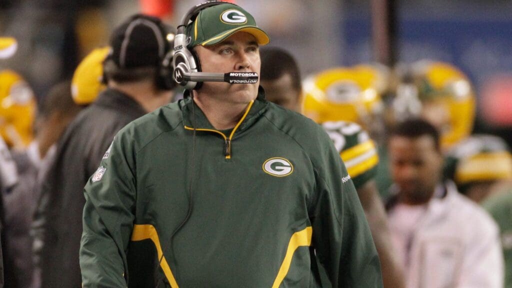 The Green Bay Packers Mike McCarthy works the sideline against the Pittsburgh Steelers in Super Bowl XLV, in Arlington, Texas, Sunday, February 6, 2011.