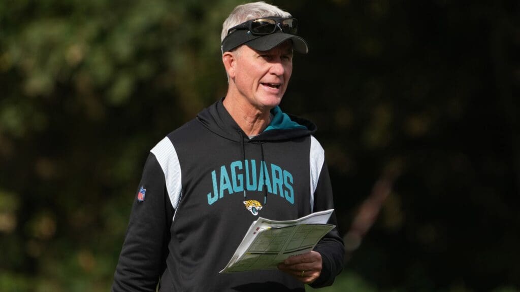 Oct 17, 2024; Watford, United Kingdom; Jacksonville Jaguars quarterbacks coach Mike McCoy during practice at The Grove.