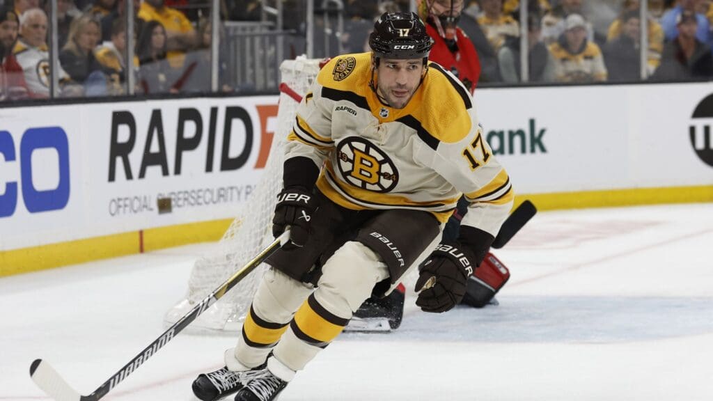 Oct 11, 2023; Boston, Massachusetts, USA; Boston Bruins left wing Milan Lucic (17) during the second period against the Chicago Blackhawks at TD Garden.