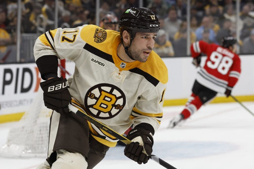 Oct 11, 2023; Boston, Massachusetts, USA; Boston Bruins left wing Milan Lucic (17) during the second period against the Chicago Blackhawks at TD Garden.