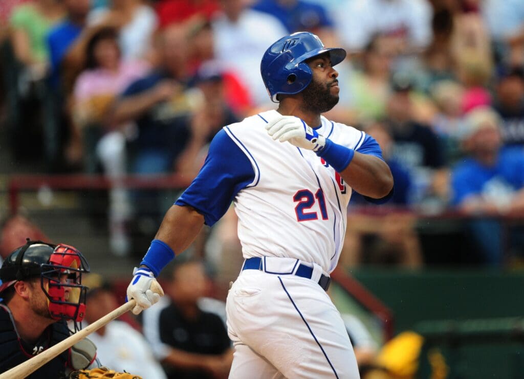 Jun. 17, 2008; Arlington, TX, USA; Texas Rangers designated hitter Milton Bradley against the Atlanta Braves at the Rangers Ballpark.