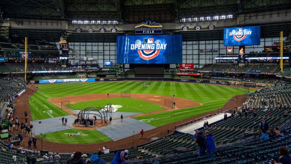 The Minnesota Twins conduct batting practice before facing off against the Milwaukee Brewers for the home opener on Tuesday April 2, 2024 at American Family Field in Milwaukee, Wis.