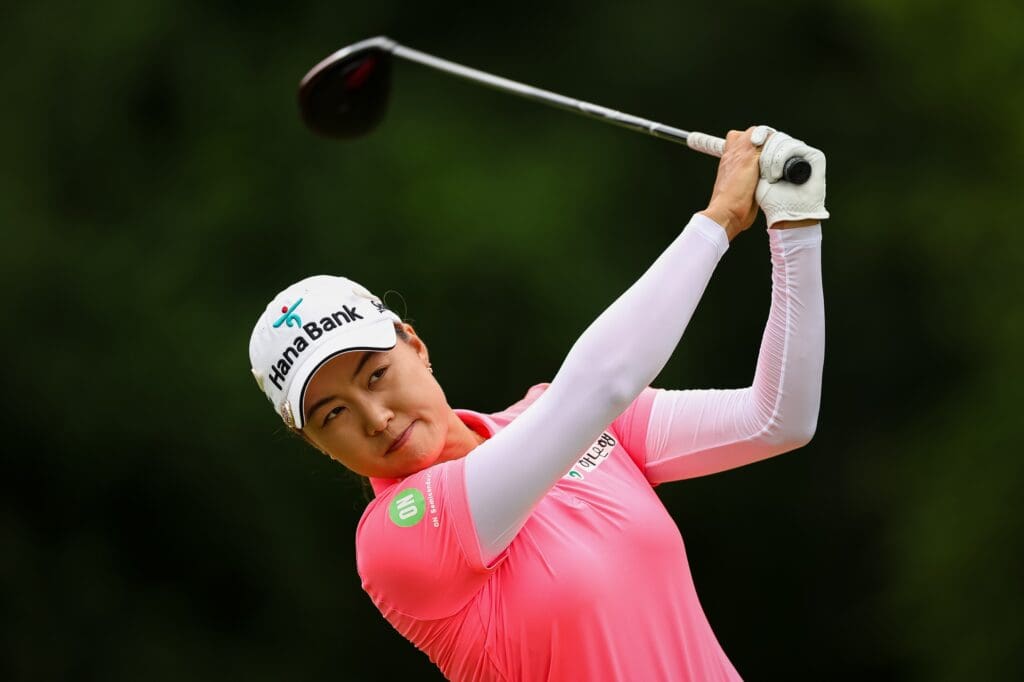 Jun 24, 2022; Bethesda, Maryland, USA; Minjee Lee plays her shot from the 14th tee during the second round of the KPMG Women's PGA Championship golf tournament at Congressional Country Club
