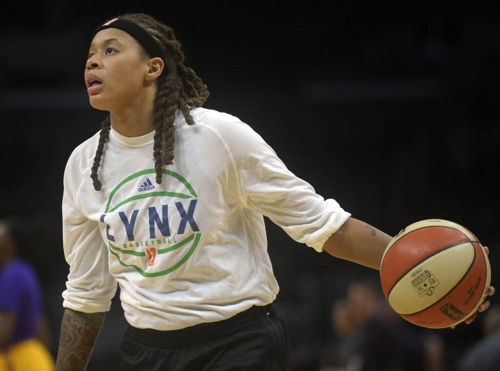 September 29, 2017; Los Angeles, CA, USA; Minnesota Lynx guard Seimone Augustus (33) before playing against the Los Angeles Sparks in Game 3 of the WNBA Finals at Staples Center.