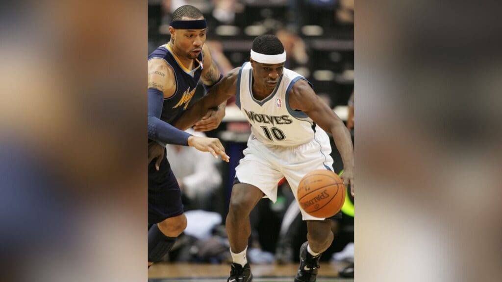 Feb 5, 2011; Minneapolis, MN, USA; Denver Nuggets forward Kenyon Martin (4) and Minnesota Timberwolves Jonny Flynn (10) go for a loose ball in the first half at Target Center.