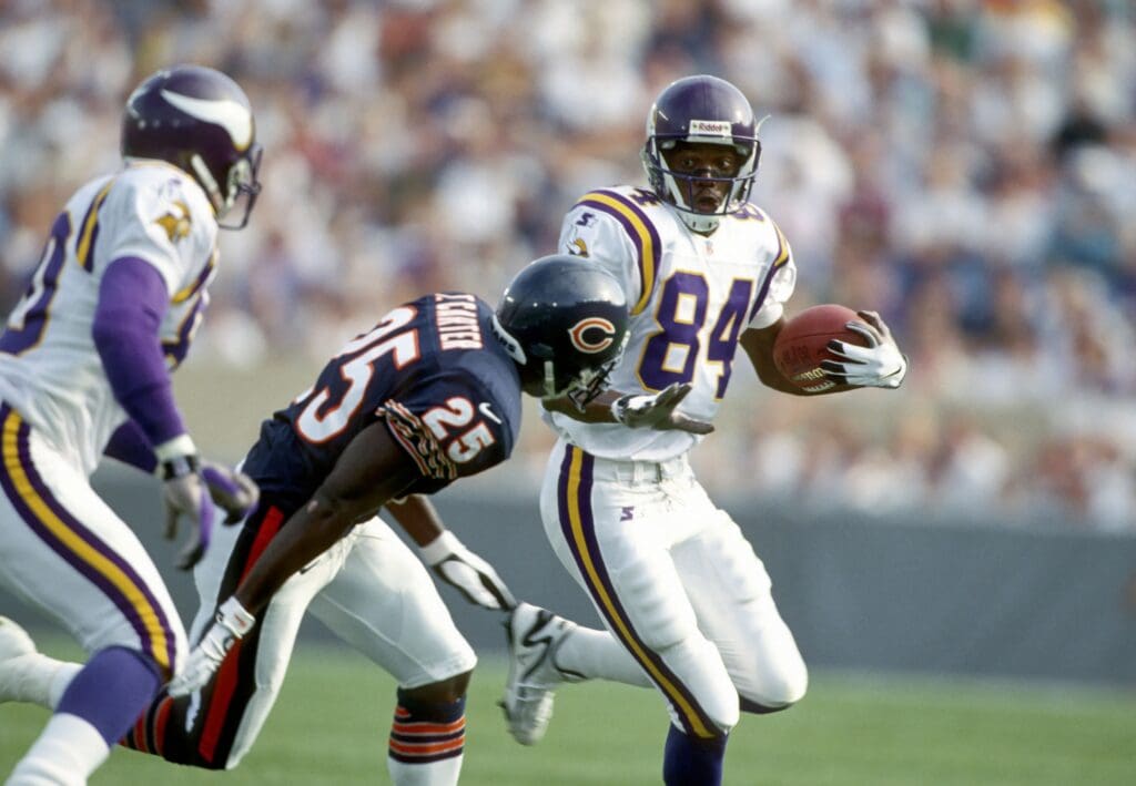 Sep 27, 1998; Chicago, IL, USA; FILE PHOTO; Minnesota Vikings (84) Randy Moss in action against the Chicago Bears at Soldier Field.