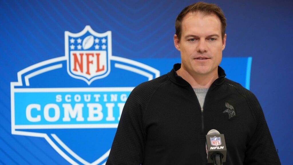 Feb 25, 2025; Indianapolis, IN, USA; Minnesota Vikings coach Kevin O'Connell speaks during the NFL Scouting Combine at the Indiana Convention Center.