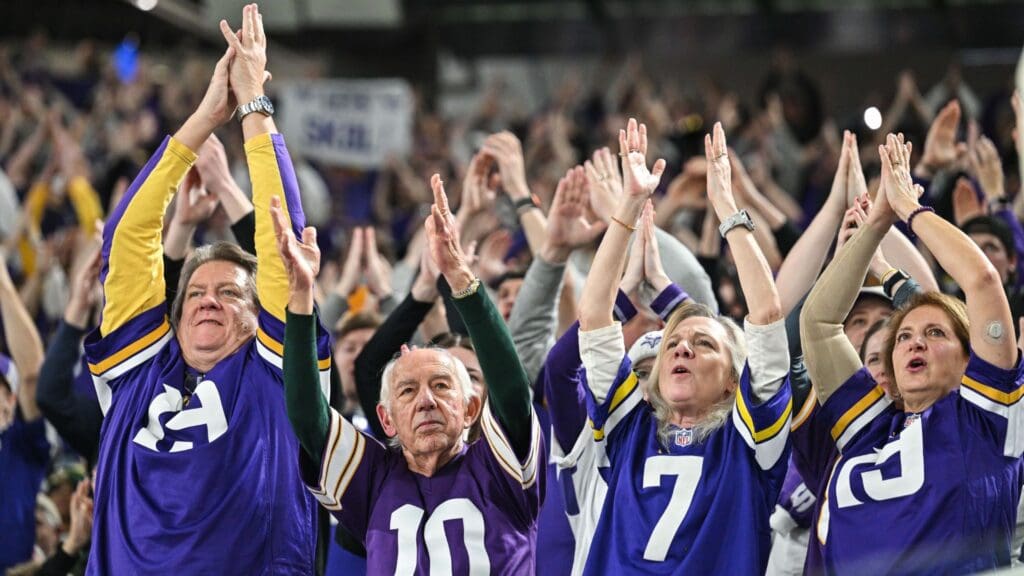 Dec 29, 2024; Minneapolis, Minnesota, USA; Minnesota Vikings fans react during the fourth quarter against the Green Bay Packers at U.S. Bank Stadium