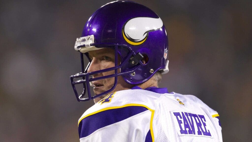 Oct 24, 2010; Green Bay, WI, USA; Minnesota Vikings quarterback Brett Favre (4) looks on during warmups prior to the game against the Green Bay Packers at Lambeau Field. The Packers defeated the Vikings 28-24.
