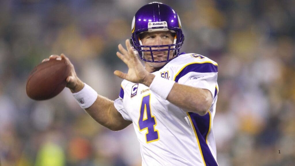 Oct 24, 2010; Green Bay, WI, USA; Minnesota Vikings quarterback Brett Favre (4) throws a pass during warmups prior to the game against the Green Bay Packers at Lambeau Field. The Packers defeated the Vikings 28-24.
