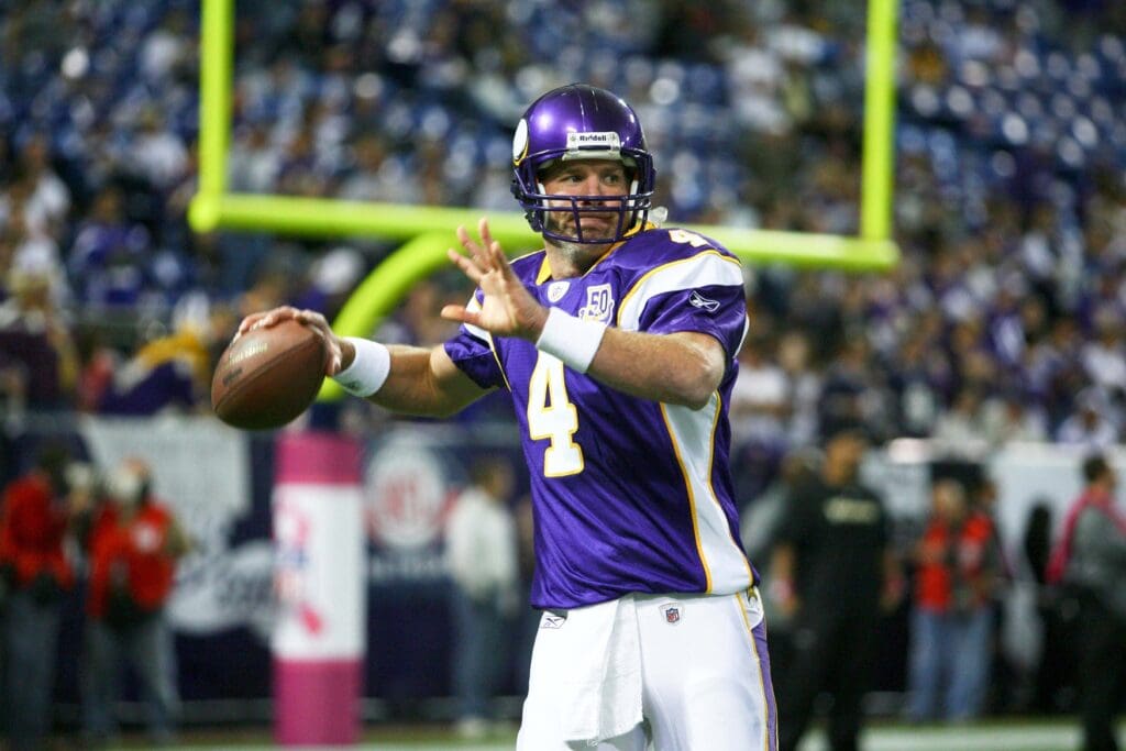 Oct 17, 2010; Minneapolis, MN, USA; Minnesota Vikings quarterback Brett Favre (4) before the game against the Dallas Cowboys at the Metrodome. The Vikings defeated the Cowboys 24-21.