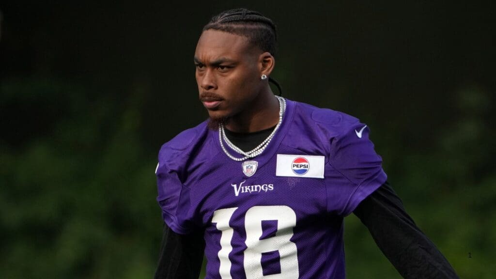 Oct 4, 2024; Watford, United Kingdom; Minnesota Vikings wide receiver Justin Jefferson (18) during practice at The Grove.