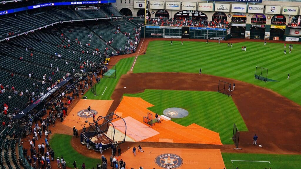 Nov 2, 2021; Houston, TX, USA; A general view of the Houston skyline behind the stadium before game six of the 2021 World Series between the Houston Astros and the Atlanta Braves at Minute Maid Park.