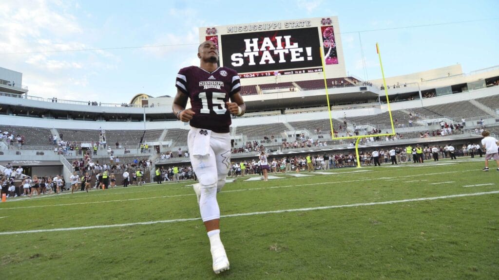Sep 19, 2015; Starkville, MS, USA; Mississippi State Bulldogs quarterback Dak Prescott (15) runs off the field after the game against Northwestern State Demons at Davis Wade Stadium. Mississippi State won 62-13.