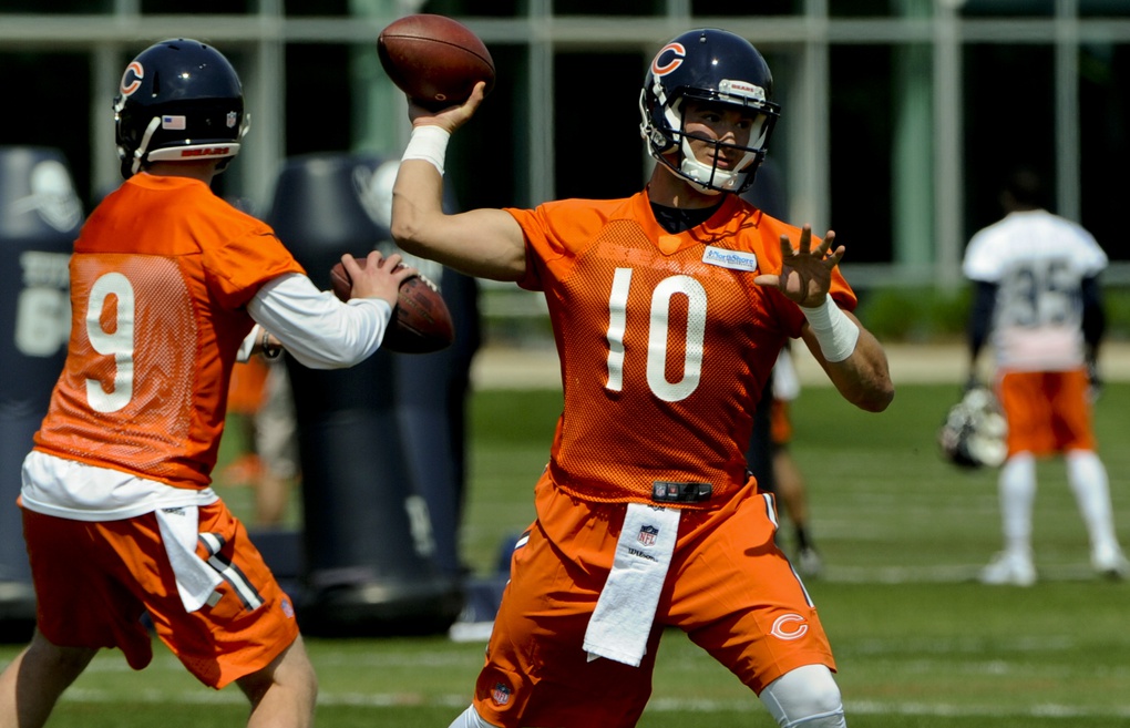 May 12, 2017; Lake Forest, IL, USA; Chicago Bears quarterback Mitch Trubisky (10) works out during rookie minicamp at Halas Hall.