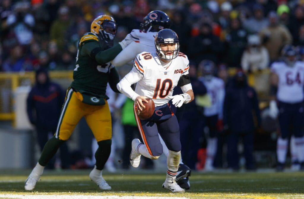 Dec 15, 2019; Green Bay, WI, USA; Chicago Bears quarterback Mitchell Trubisky (10) rushes with the football during the second quarter against the Green Bay Packers at Lambeau Field