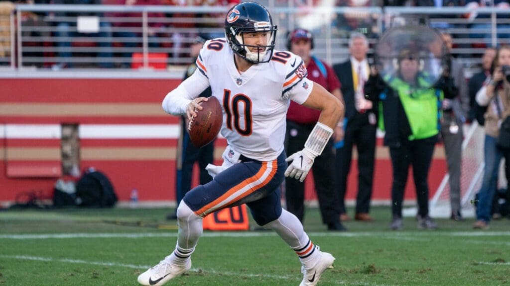 December 23, 2018; Santa Clara, CA, USA; Chicago Bears quarterback Mitchell Trubisky (10) during the second quarter against the San Francisco 49ers at Levi's Stadium.