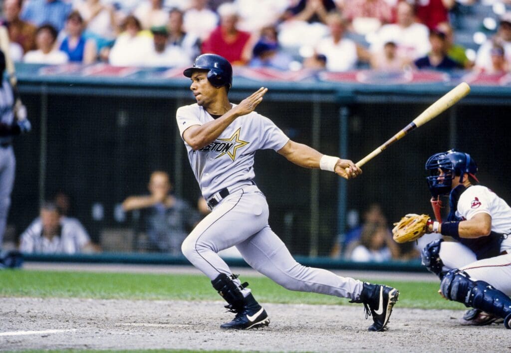 1998, Cleveland, OH, USA; FILE PHOTO; Houston Astros left fielder Moises Alou in action at the plate against the Cleveland Indians at Jacobs Field during the 1998 season.