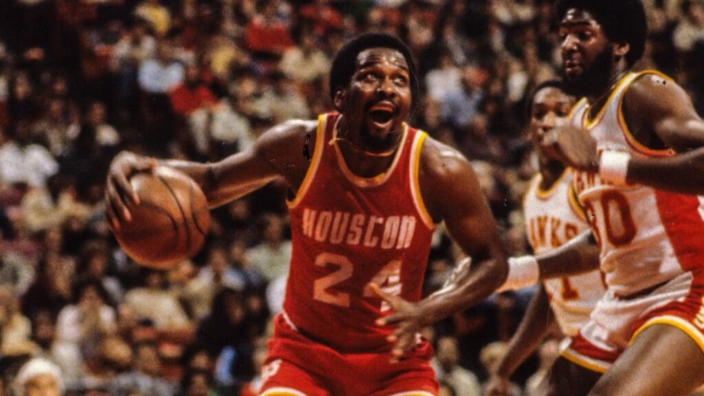 Unknown date and unknown location; USA; FILE PHOTO; Houston Rockets center Moses Malone (24) against the Atlanta Hawks.