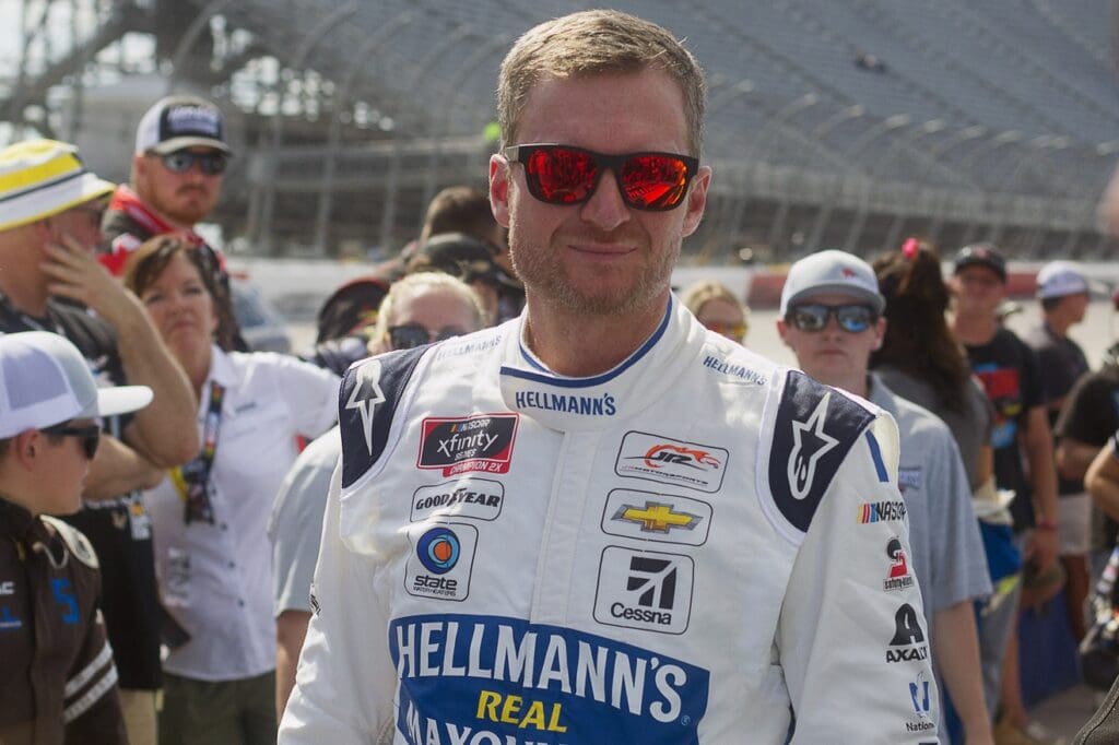 Aug 31, 2019; Darlington, SC, USA; NASCAR Xfinity Series driver Dale Earnhardt Jr. (8) reacts prior to the Sport Clips Haircuts VFW 200 at Darlington Raceway