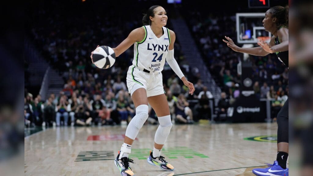 Jun 11, 2025; Seattle, Washington, USA; Minnesota Lynx forward Napheesa Collier (24) dribbles against the Seattle Storm during the second half at Climate Pledge Arena.