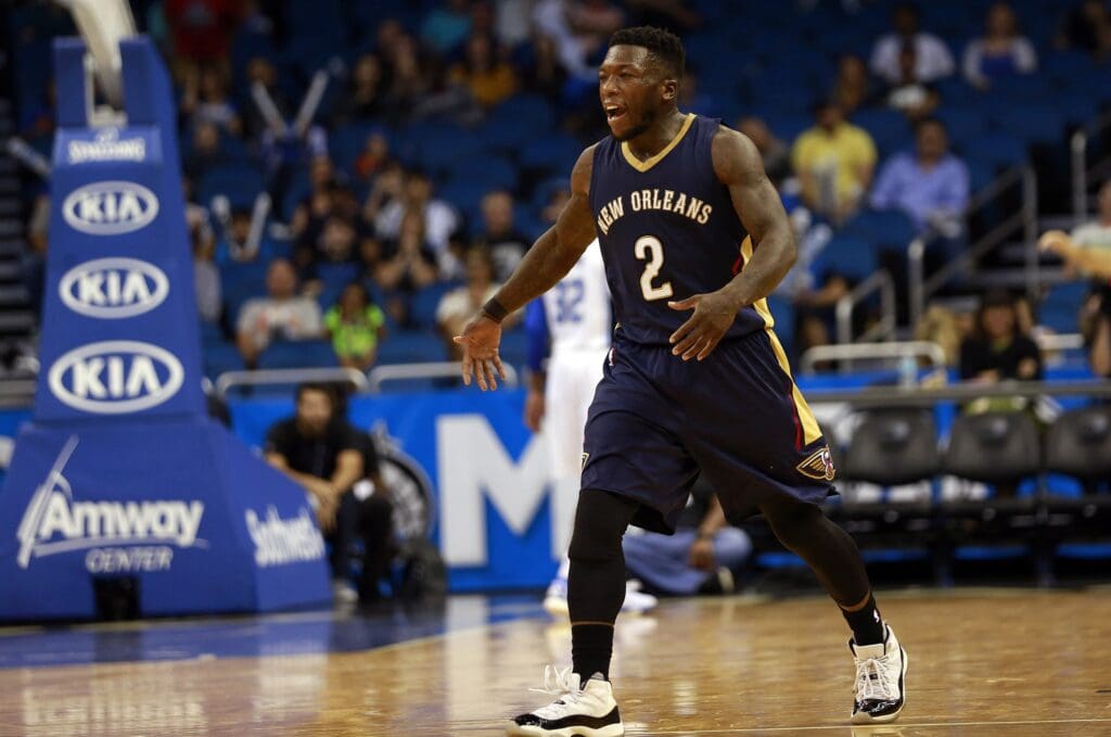 Oct 21, 2015; Orlando, FL, USA; New Orleans Pelicans guard Nate Robinson (2) reacts as he made a three pointer to tie the game during the second half against the Orlando Magic at Amway Center. Orlando Magic defeated the New Orleans Pelicans 10-107 in overtime.