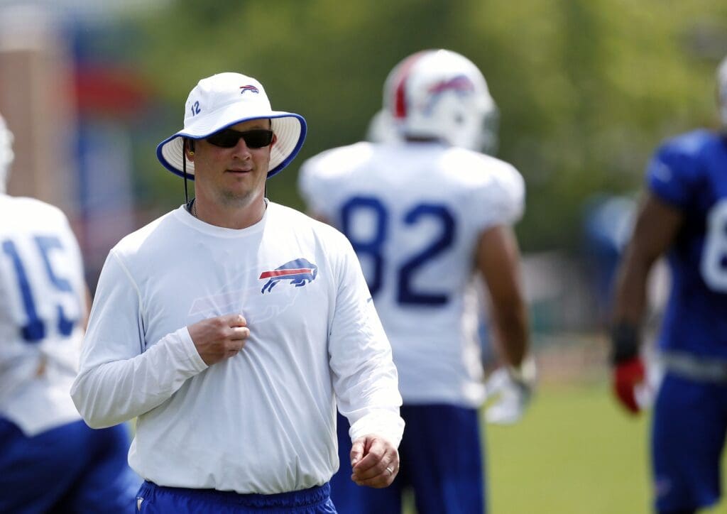Jul 21, 2014; Pittsford, NY, USA; Buffalo Bills offensive coordinator Nathaniel Hackett on the field during training camp at St John Fisher College.