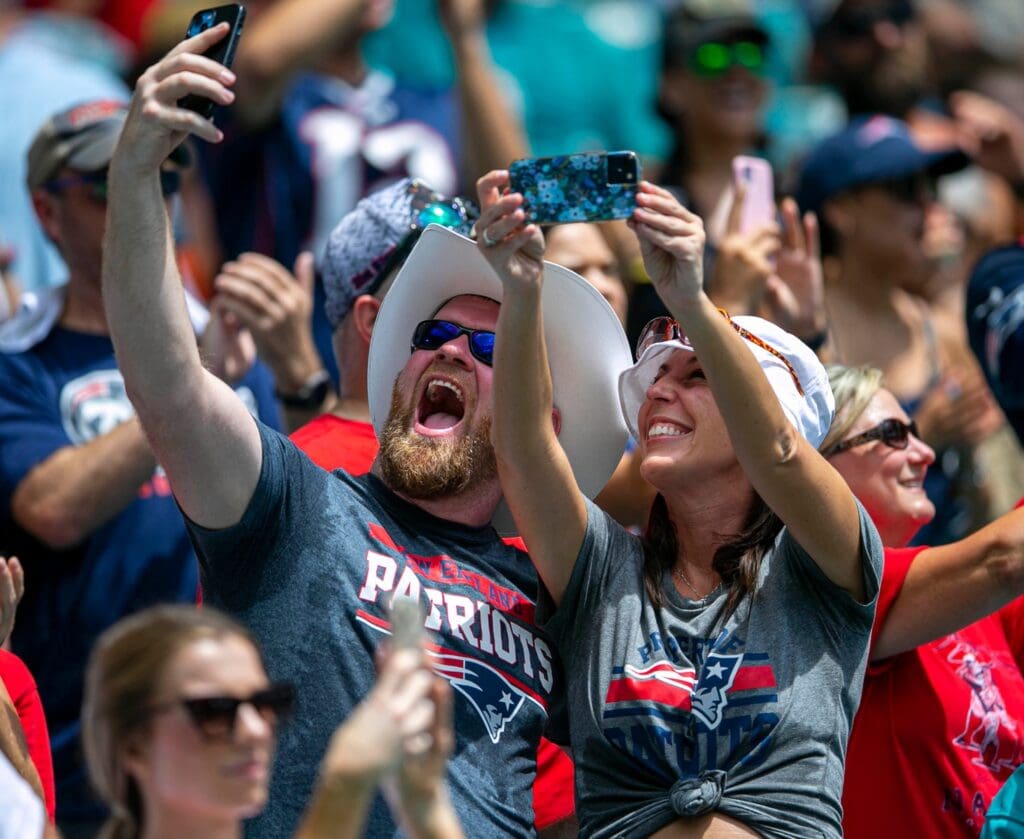 New England Patriots fans before the start of their game agains the Miami Dolphins NFL game Sept 11, 2022, at Hard Rock Stadium in Miami Gardens. Dolphins V Patriots Nfl Game 06