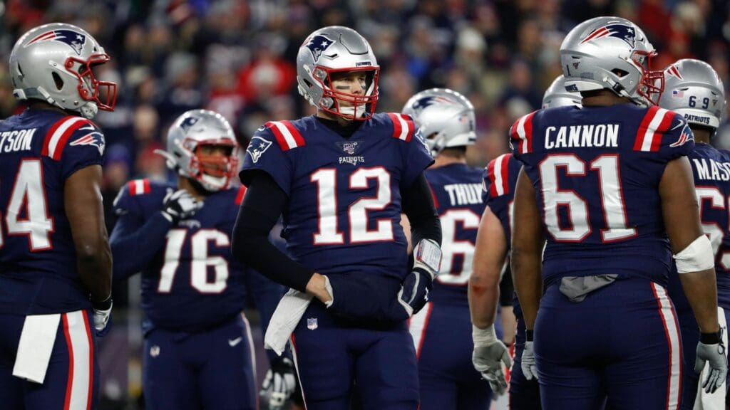 Dec 8, 2019; Foxborough, MA, USA; New England Patriots quarterback Tom Brady (12) looks to the sideline against the Kansas City Chiefs during the first quarter at Gillette Stadium.