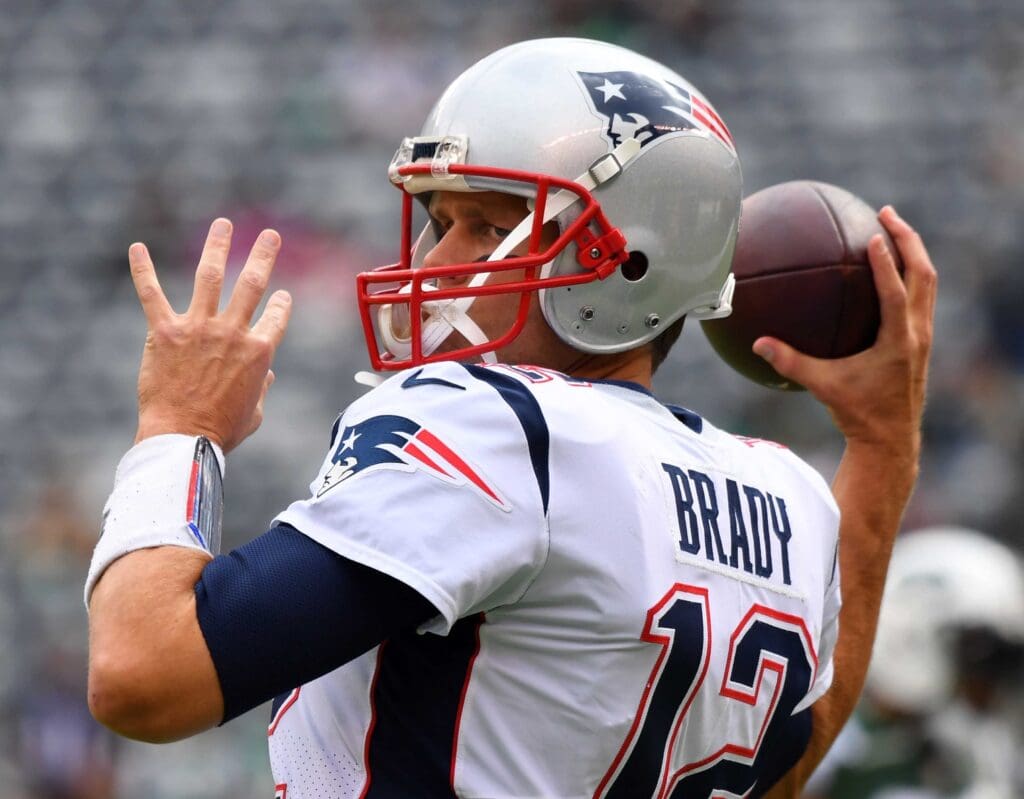 Oct 15, 2017; East Rutherford, NJ, USA; New England Patriots quarterback Tom Brady (12) during warmups before a game against the New York Jets at MetLife Stadium.