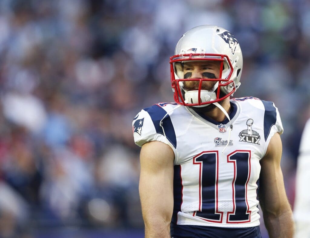 Feb 1, 2015; Glendale, AZ, USA; New England Patriots wide receiver Julian Edelman (11) against the Seattle Seahawks in Super Bowl XLIX at University of Phoenix Stadium. 