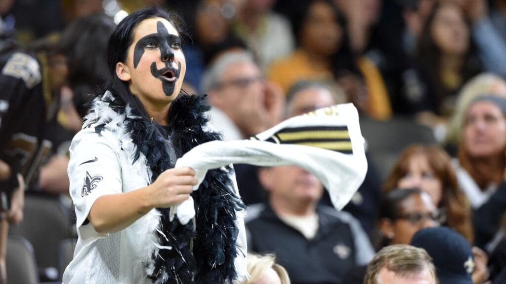 Jan 5, 2020; New Orleans, Louisiana, USA; A New Orleans Saints fan reacts during the second quarter of a NFC Wild Card playoff football game against the Minnesota Vikings at the Mercedes-Benz Superdome.