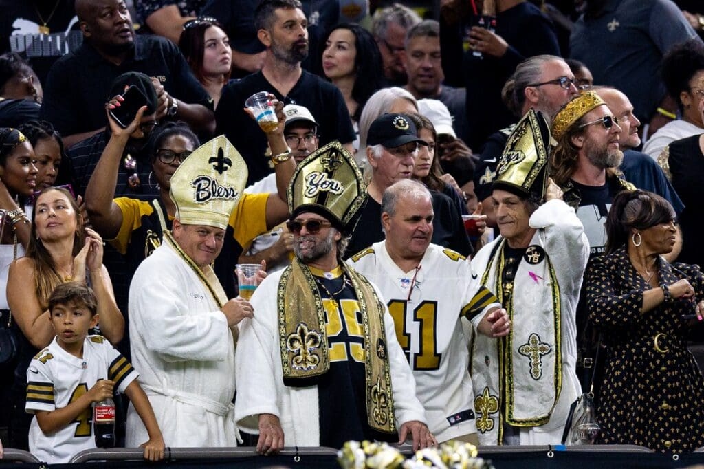 Sep 8, 2024; New Orleans, Louisiana, USA; New Orleans Saints fans cheering against the Carolina Panthers during the second half at Caesars Superdome.