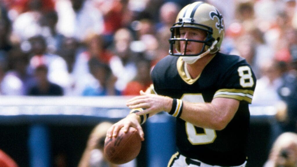 Sep 6, 1981; Atlanta, GA, USA; FILE PHOTO; New Orleans Saints quarterback Archie Manning (8) in action against the Atlanta Falcons at Fulton County Stadium.