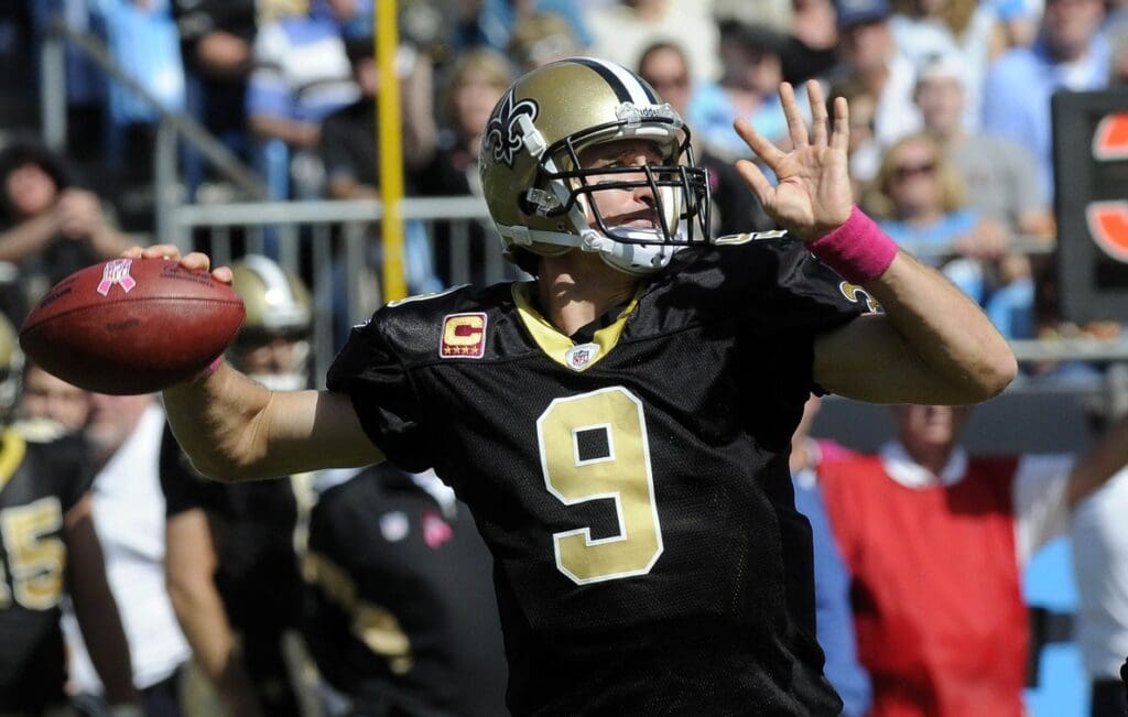 Oct. 9, 2011; Charlotte, NC, USA; New Orleans Saints quarterback Drew Brees (9) during the game against the Carolina Panthers at Bank of America Stadium.