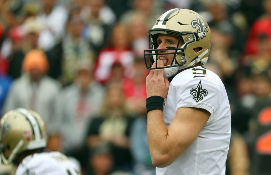 Nov 17, 2019; Tampa, FL, USA; New Orleans Saints quarterback Drew Brees (9) during the first quarter at Raymond James Stadium.