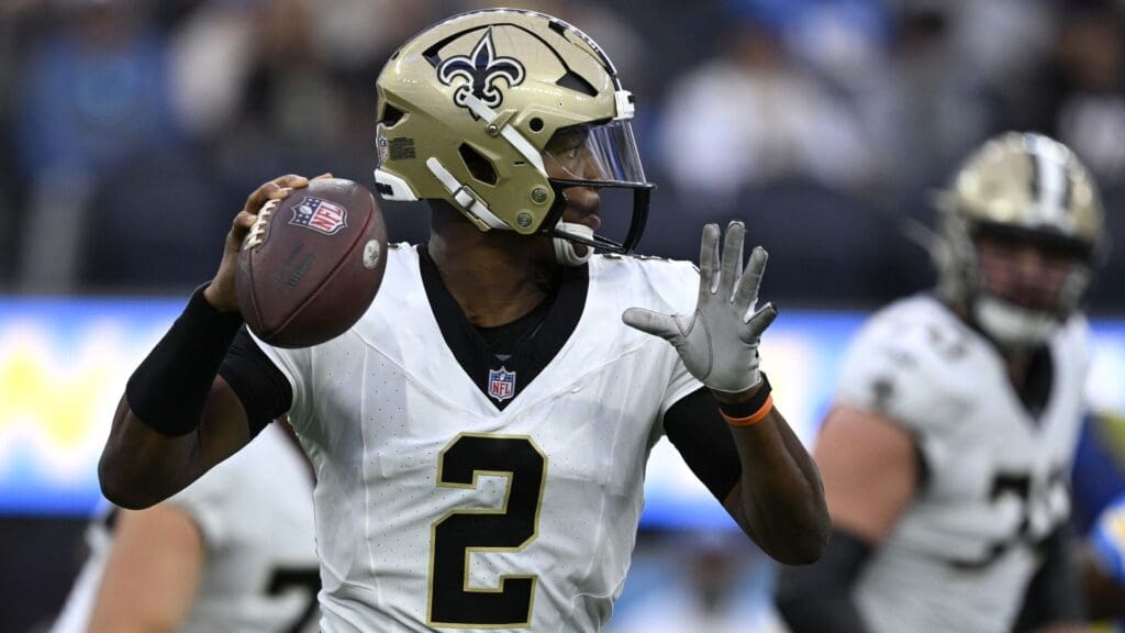 Aug 20, 2023; Inglewood, California, USA; New Orleans Saints quarterback Jameis Winston (2) looks to pass against the Los Angeles Chargers during the first half at SoFi Stadium.